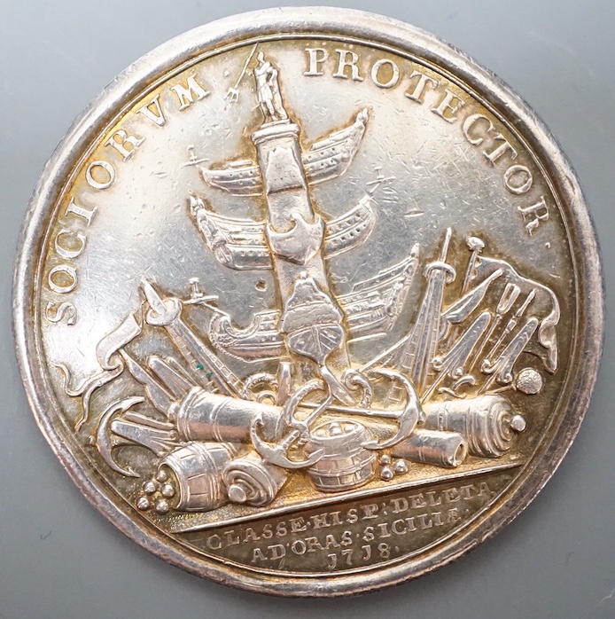 Commemorative Medals, George I, Naval Action off Cape Passaro, the Spanish fleet destroyed, silver medal, 1718, by John Croker, laureate bust of George, VF